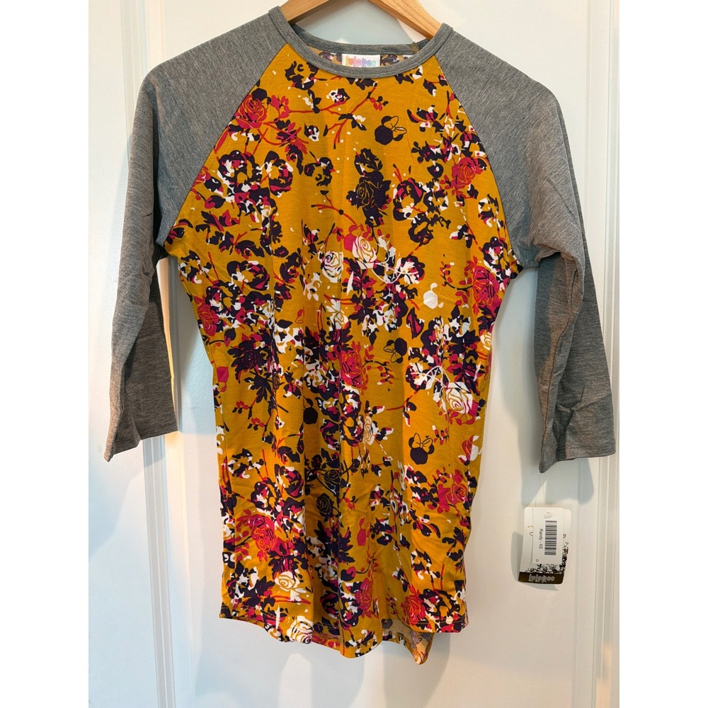 LuLaRoe Disney Randy Raglan Tee XS Floral Mickey Mouse Mustard Grey 3/4 Sleeve